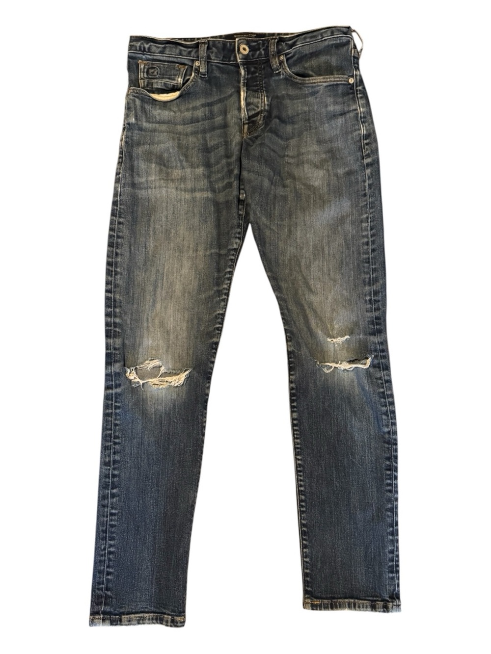 Scotch & Soda Slim Straight Distressed Jeans in Faded Blue